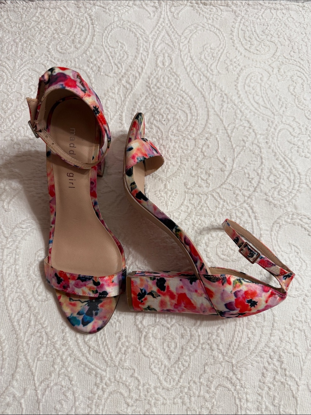 Madden Girl Floral Ankle-Strap Block Heel Sandals - Pink Multi